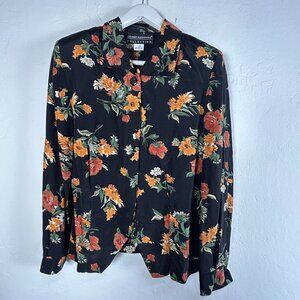 Lauren Alexandra Collection Womens Floral Print Button Up Blouse Size 10 Black